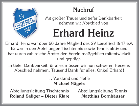 Traueranzeige von Erhard Heinz von Allgäuer Zeitung,Kempten
