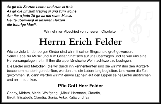 Traueranzeige von Erich Felder von Der Westallgäuer
