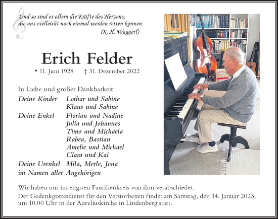 Traueranzeige von Erich Felder von Der Westallgäuer