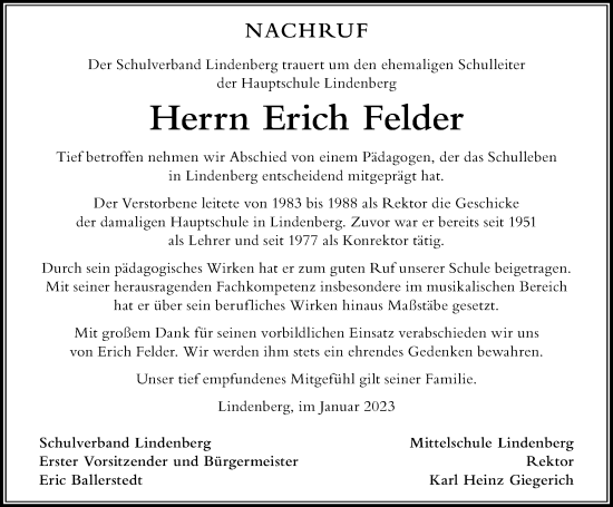 Traueranzeige von Erich Felder von Der Westallgäuer