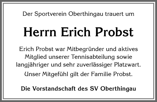 Traueranzeige von Erich Probst von Allgäuer Zeitung, Marktoberdorf
