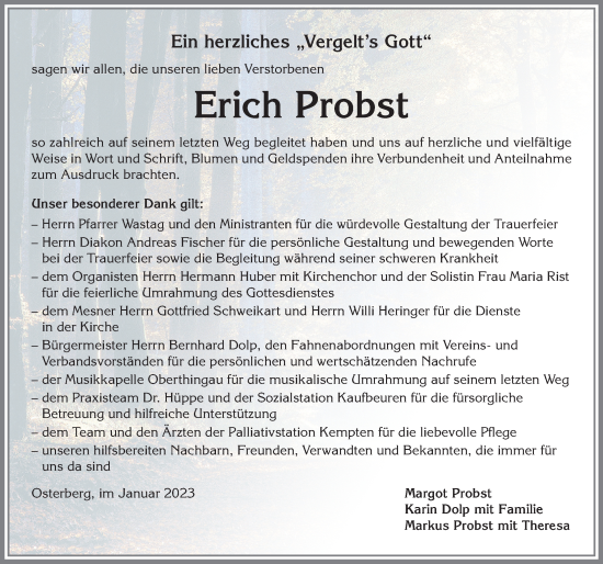 Traueranzeige von Erich Probst von Allgäuer Zeitung, Marktoberdorf