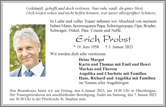 Traueranzeige von Erich Probst von Allgäuer Zeitung, Marktoberdorf