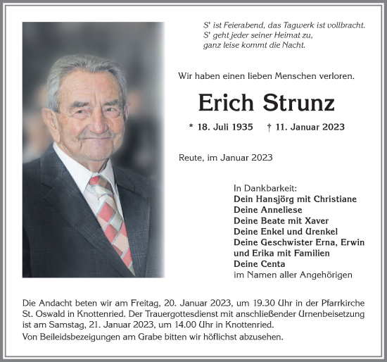 Traueranzeige von Erich Strunz von Allgäuer Anzeigeblatt