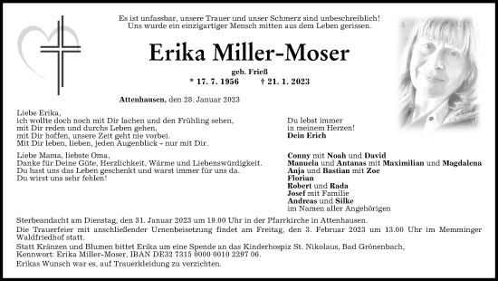 Traueranzeige von Erika Miller-Moser von Augsburger Allgemeine, Mindelheimer Zeitung