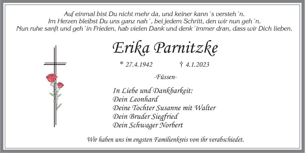  Traueranzeige für Erika Parnitzke vom 25.01.2023 aus Allgäuer Zeitung, Füssen