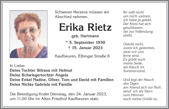 Traueranzeige von Erika Rietz von Allgäuer Zeitung, Kaufbeuren/Buchloe
