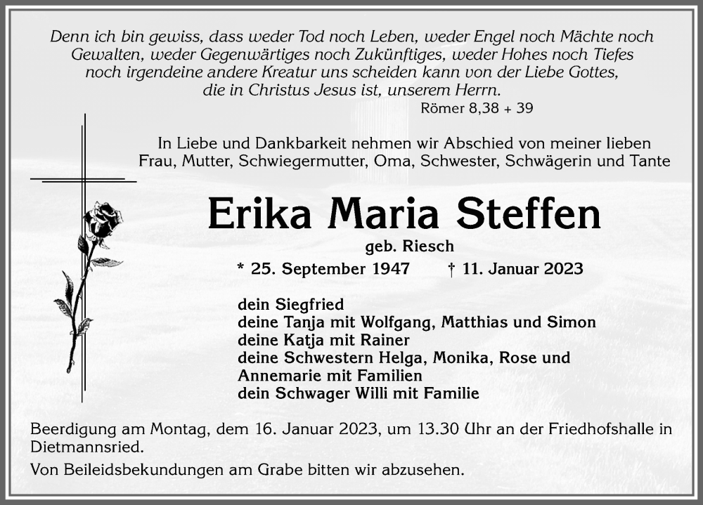  Traueranzeige für Erika Maria Steffen vom 14.01.2023 aus Allgäuer Zeitung,Kempten