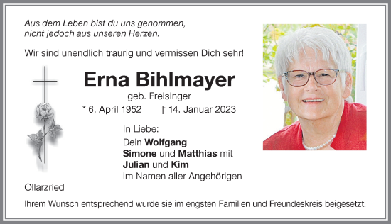 Traueranzeige von Erna Bihlmayer von Memminger Zeitung