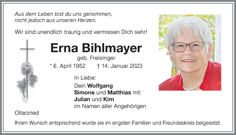  Traueranzeige für Erna Bihlmayer vom 28.01.2023 aus Memminger Zeitung