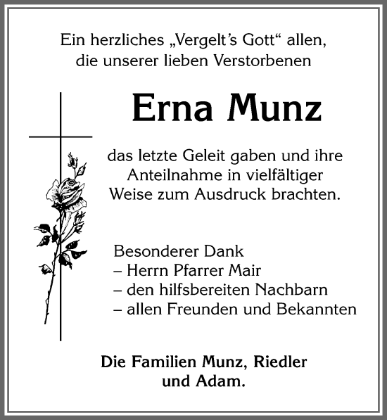 Traueranzeige von Erna Munz von Allgäuer Zeitung, Marktoberdorf