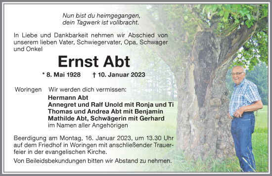 Traueranzeige von Ernst Abt von Memminger Zeitung