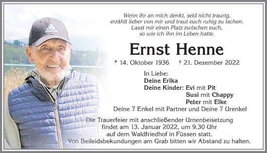 Traueranzeige von Ernst Henne von Allgäuer Zeitung, Füssen