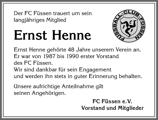 Traueranzeige von Ernst Henne von Allgäuer Zeitung, Füssen