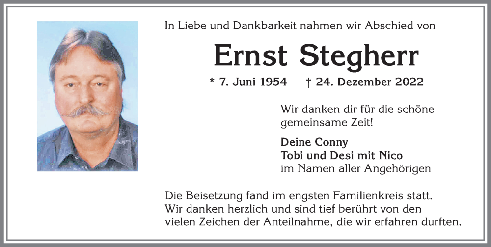  Traueranzeige für Ernst Stegherr vom 14.01.2023 aus Allgäuer Zeitung,Kempten