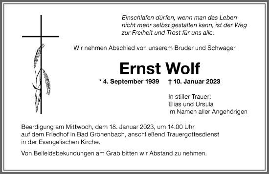 Traueranzeige von Ernst Wolf von Memminger Zeitung