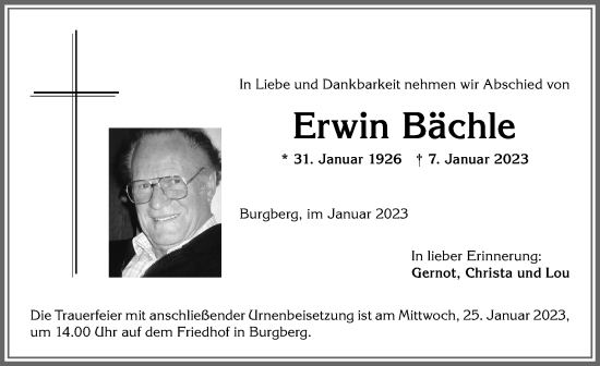 Traueranzeige von Erwin Bächle von Allgäuer Anzeigeblatt