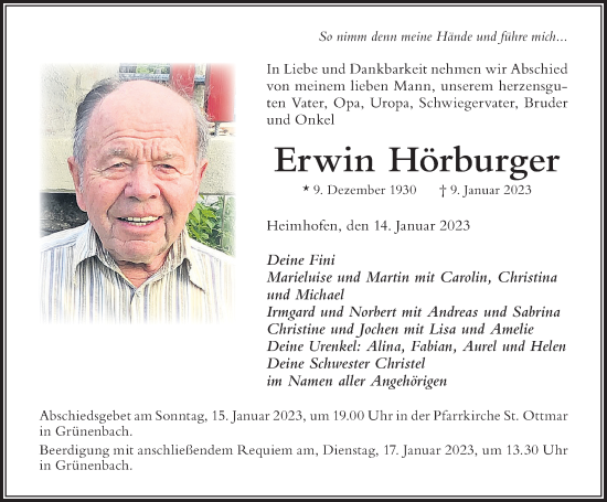 Traueranzeige von Erwin Hörburger von Der Westallgäuer