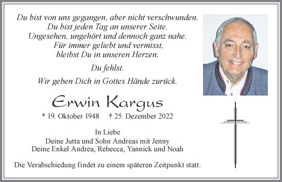 Traueranzeige von Erwin Kargus von Allgäuer Zeitung, Füssen
