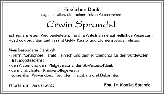 Traueranzeige von Erwin Sprandel von Allgäuer Zeitung, Füssen