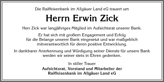 Traueranzeige von Erwin Zick von Memminger Zeitung