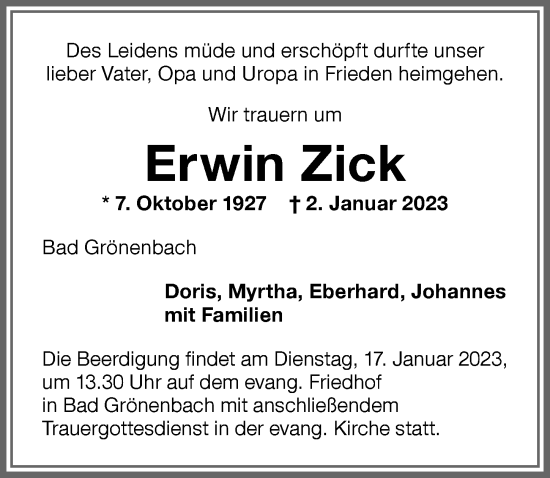 Traueranzeige von Erwin Zick von Memminger Zeitung