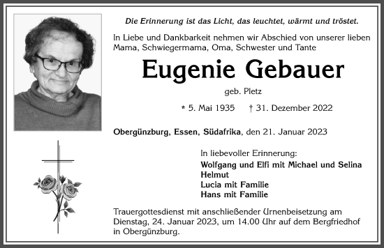Traueranzeige von Eugenie Gebauer von Allgäuer Zeitung, Marktoberdorf