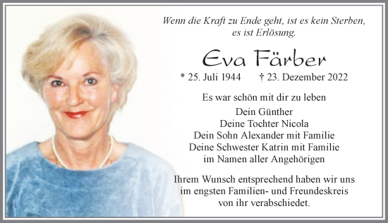 Traueranzeige von Eva Färber von Allgäuer Zeitung, Füssen