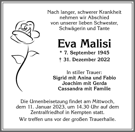 Traueranzeige von Eva Malisi von Allgäuer Zeitung,Kempten