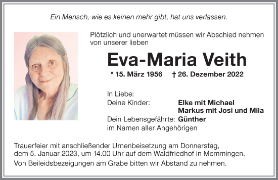 Traueranzeige von Eva-Maria Veith von Memminger Zeitung