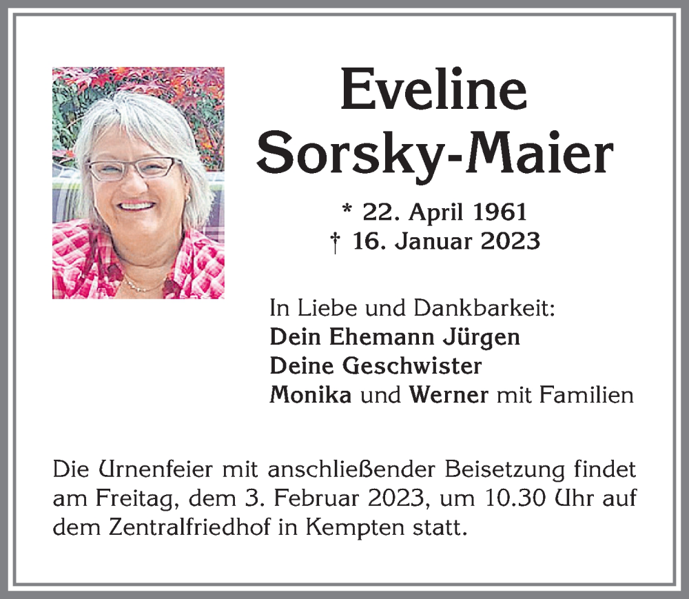  Traueranzeige für Eveline Sorsky-Maier vom 28.01.2023 aus Allgäuer Zeitung,Kempten