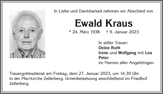 Traueranzeige von Ewald Kraus von Allgäuer Zeitung, Kaufbeuren/Buchloe