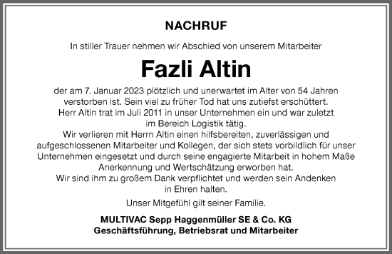 Traueranzeige von Fazli Altin von Memminger Zeitung