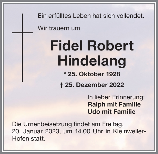 Traueranzeige von Fidel Robert Hindelang von Allgäuer Zeitung,Kempten
