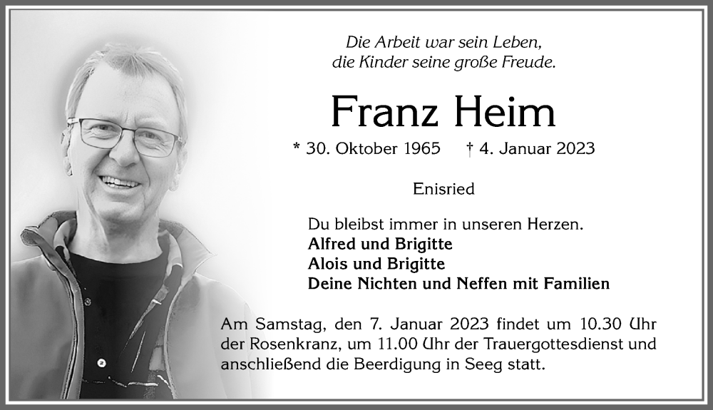  Traueranzeige für Franz Heim vom 05.01.2023 aus Allgäuer Zeitung, Füssen