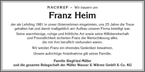 Traueranzeige von Franz Heim von Allgäuer Zeitung, Füssen