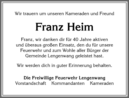 Traueranzeige von Franz Heim von Allgäuer Zeitung, Füssen