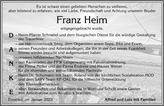 Traueranzeige von Franz Heim von Allgäuer Zeitung, Marktoberdorf