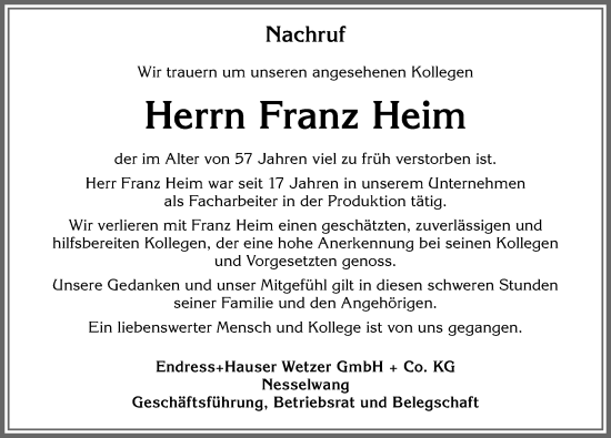 Traueranzeige von Franz Heim von Allgäuer Zeitung, Füssen