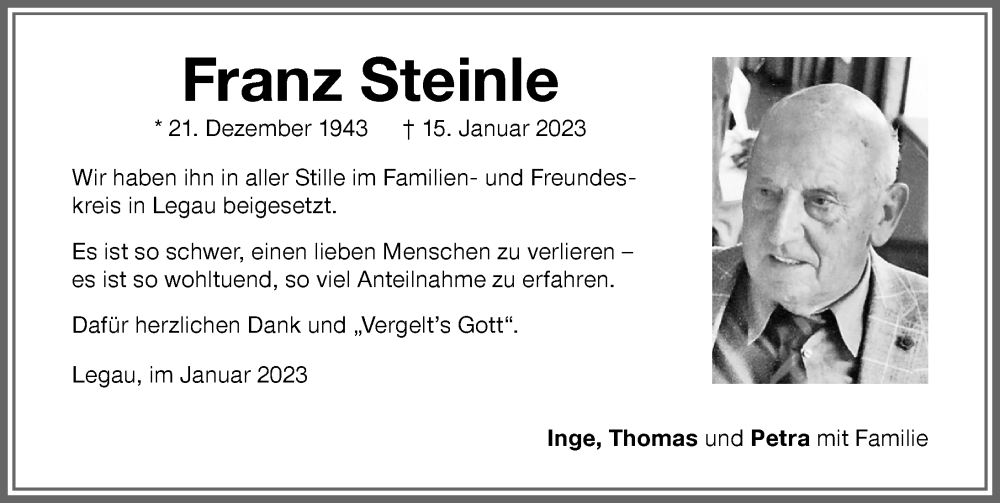  Traueranzeige für Franz Steinle vom 26.01.2023 aus Memminger Zeitung