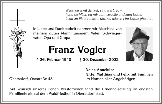 Traueranzeige von Franz Vogler von Allgäuer Anzeigeblatt