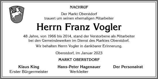 Traueranzeige von Franz Vogler von Allgäuer Anzeigeblatt