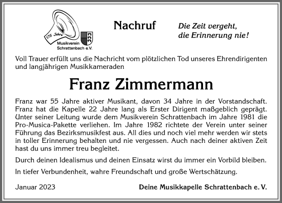 Traueranzeige von Franz Zimmermann von Allgäuer Zeitung,Kempten
