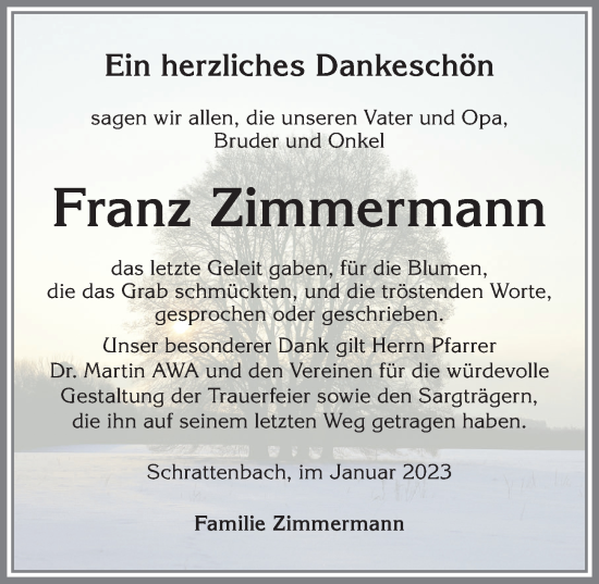 Traueranzeige von Franz Zimmermann von Allgäuer Zeitung,Kempten