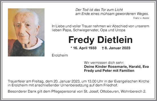 Traueranzeige von Fredy Dietlein von Memminger Zeitung