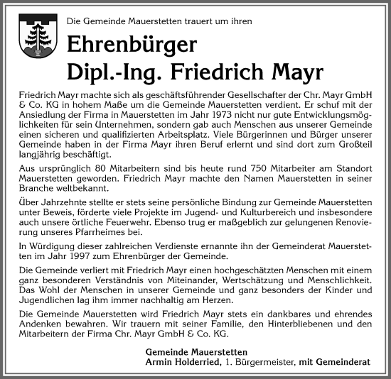 Traueranzeige von Friedrich Mayr von Allgäuer Zeitung, Kaufbeuren/Buchloe