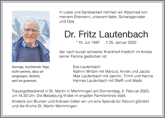 Traueranzeige von Fritz Lautenbach von Memminger Zeitung