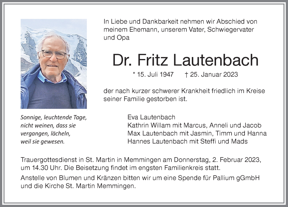  Traueranzeige für Fritz Lautenbach vom 28.01.2023 aus Memminger Zeitung