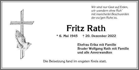 Traueranzeige von Fritz Rath von Allgäuer Anzeigeblatt