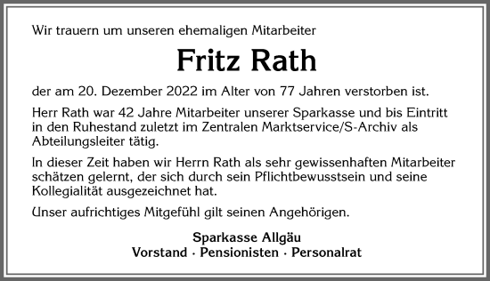 Traueranzeige von Fritz Rath von Allgäuer Anzeigeblatt